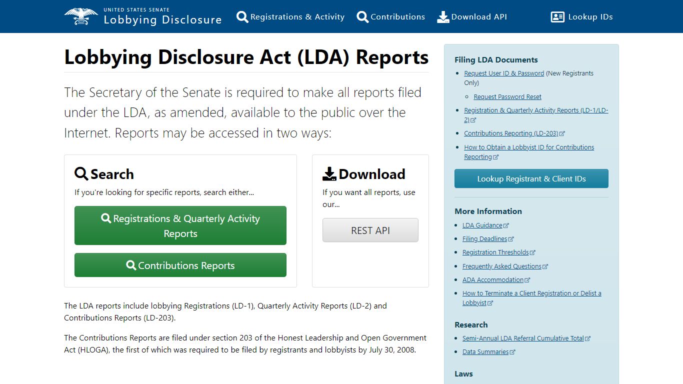 Lobbying Disclosure Act (LDA) Reports - Senate